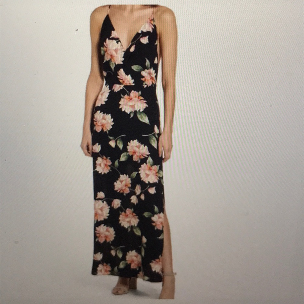Lush Floral Maxi Dress with Side Slit Black XS
